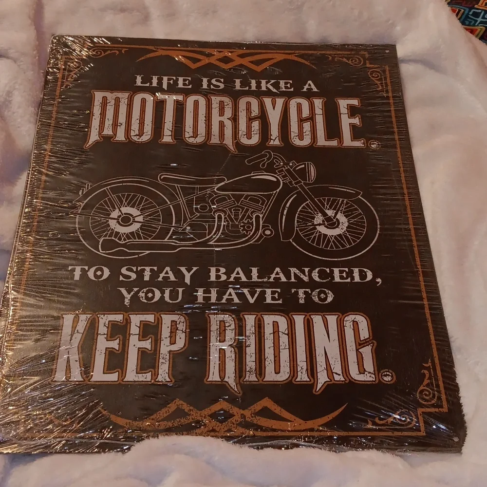 Motorcycle Metal Sign in black, white & orange 16
